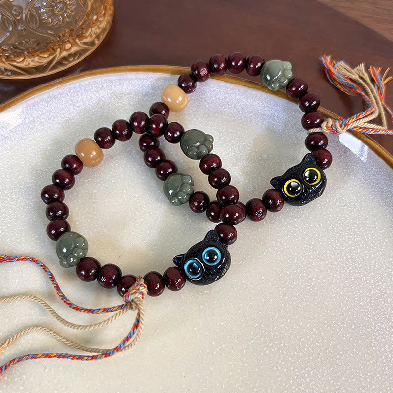 Buddha Stones Ebony Wood Lovely Cat Jade Paw Peace Tassel Wood Bracelet