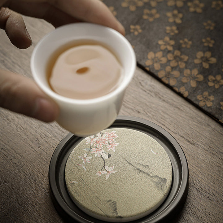 Buddha Stones Plum Blossom Peach Heart Sutra Loquat Magnolia Persimmon Ceramic Cup Mat Pad Coaster Kung Fu Tea Mat