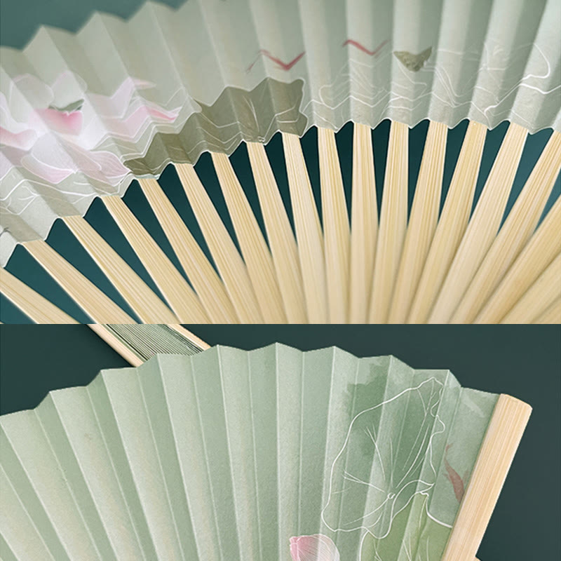 Buddha Stones Lotus Flowers Leaf Koi Fish Handheld Paper Bamboo Folding Fan