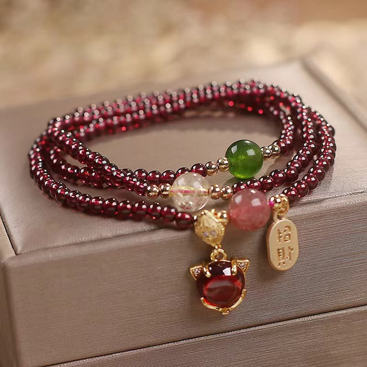 Buddha Stones Natural Garnet Strawberry Quartz Crystal Fox Koi Fish Peace Buckle Fortune Protection Triple Wrap Bracelet