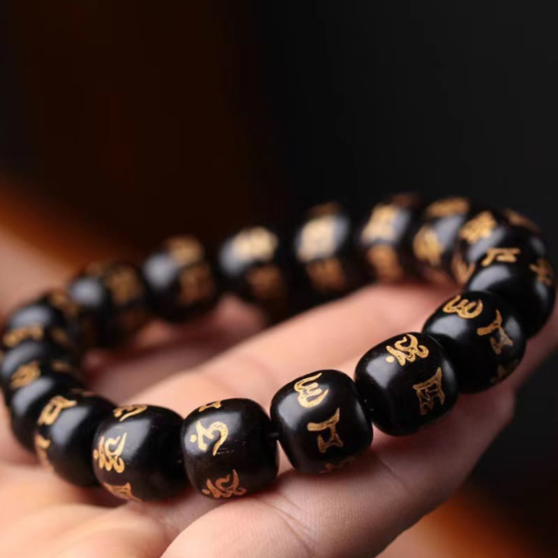 Buddha Stones Tibetan Ebony Wood Om Mani Padme Hum Engraved Peace Bracelet