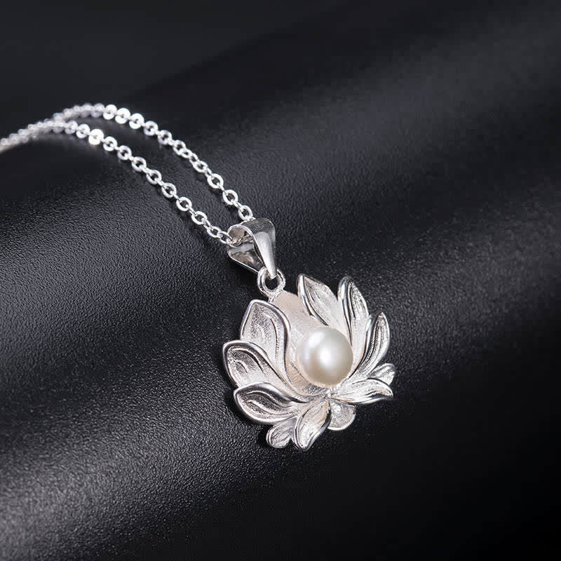 Buddha Stones 925 Sterling Silver Lotus Flower Pearl Wealth Necklace Pendant