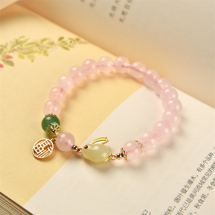 Year of the Rabbit Natural Pink Crystal Green Agate Bunny Love Happiness Bracelet