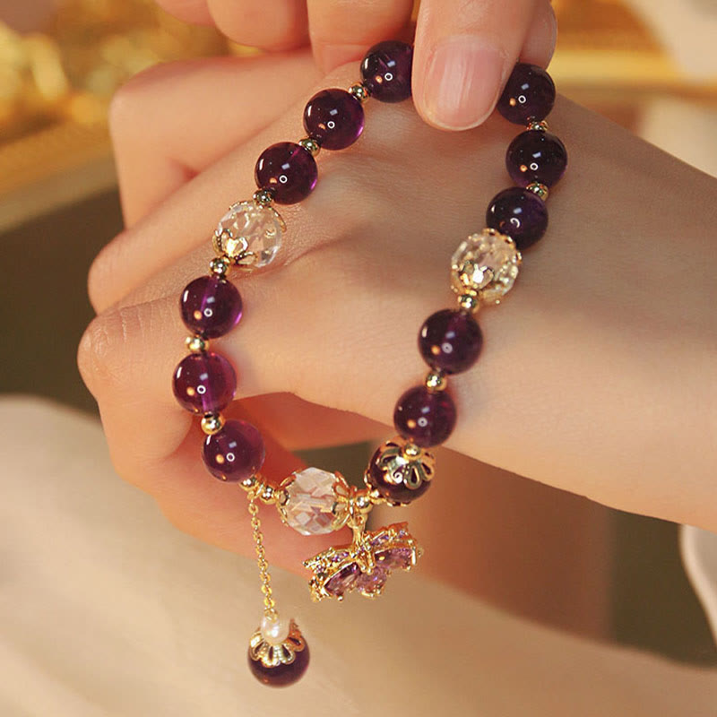 Buddha Stones 14k Gold Plated Natural Amethyst Healing Maple Leaf Charm Bracelet