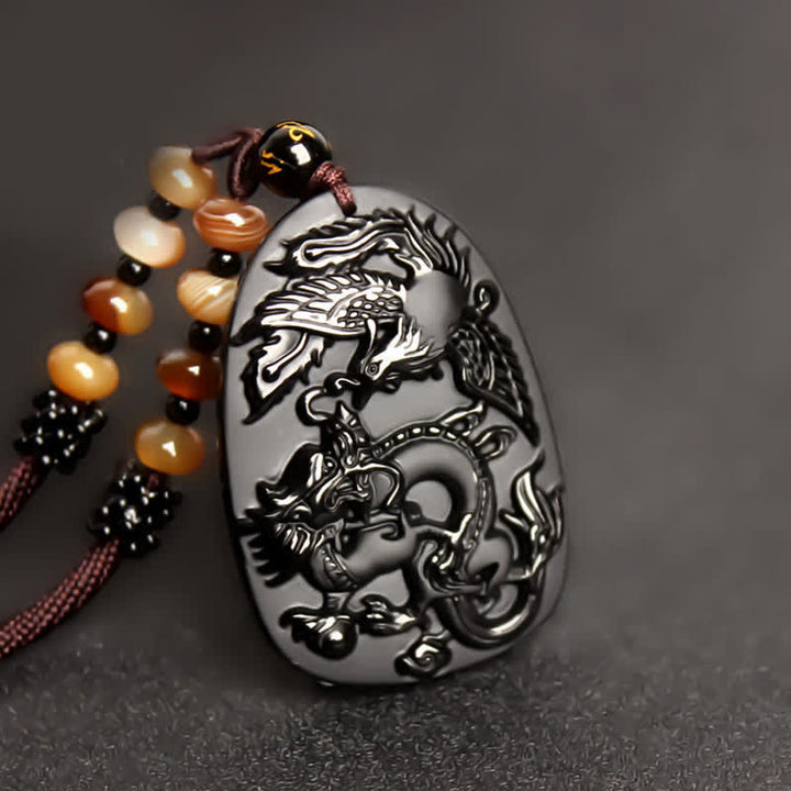 Black Obsidian Tiger Eye Dragon Phoenix Protection Beaded Necklace Pendant