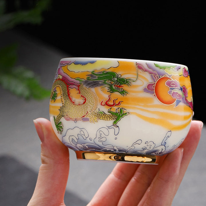 Buddha Stones Dragon Phoenix Auspicious Clouds Sun Ocean Waves Ceramic Teacup Kung Fu Tea Cup