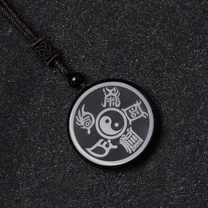 Buddha Stones Black Obsidian Taoism Five Sacred Mountains Nine-Character Mantra Carved Purification Yin Yang Necklace Pendant