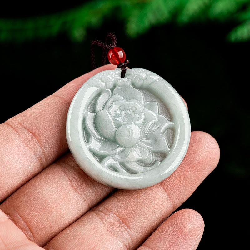 Buddha Stones Natural Jade Lotus Flower Carved Prosperity Necklace Pendant