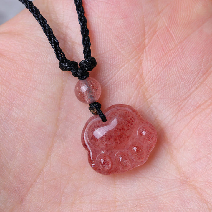 Buddha Stones Strawberry Quartz Lovely Cat Paw Claw Healing Necklace Pendant