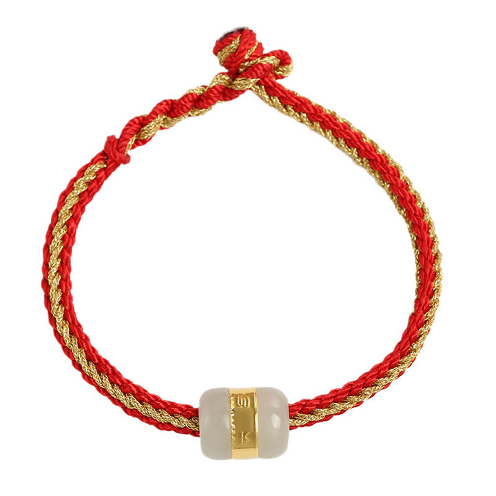 Buddha Stones 999 Gold Hetian White Jade Om Mani Padme Hum Fu Character Luck Braided Bracelet