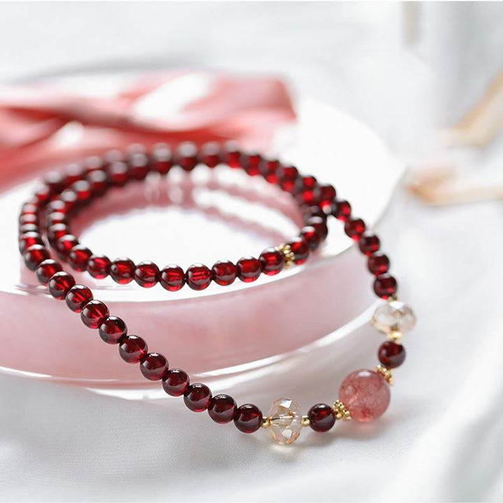 Buddha Stones 14K Gold Plated Natural Garnet Strawberry Quartz Stability Double Wrap Bracelet