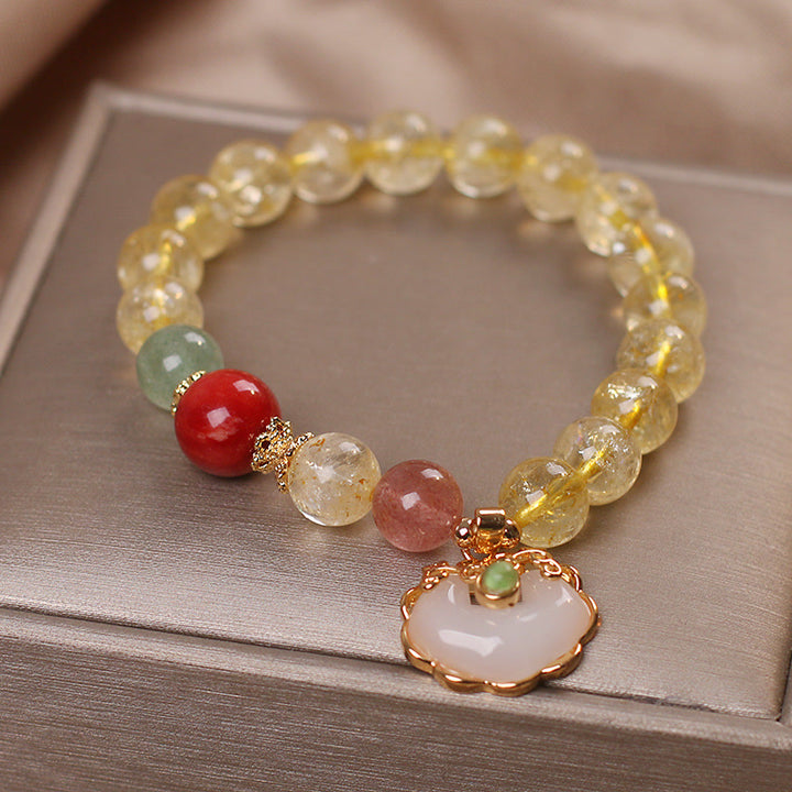 Buddha Stones Natural Citrine White Jade Strawberry Quartz Protection Charm Bracelet