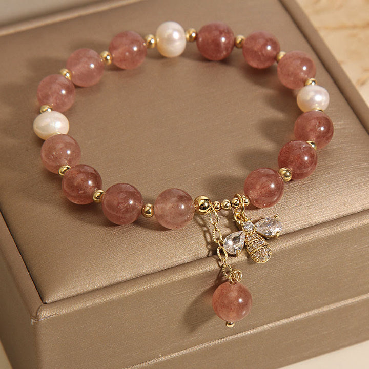 Buddha Stones Strawberry Quartz Pearl Cute Zircon Honeybee Positive Charm Bracelet