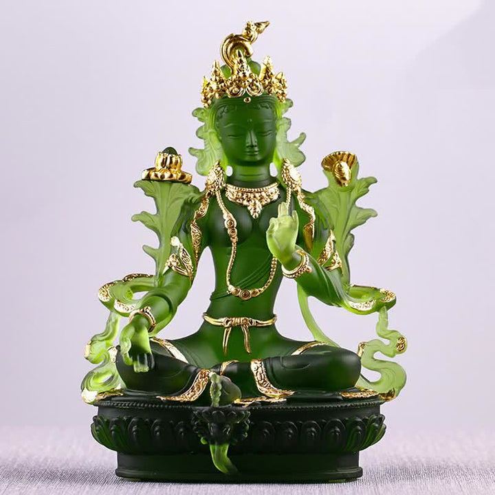 Bodhisattva Green Tara Handmade Liuli Crystal Art Piece Protection Home Office Statue Decoration