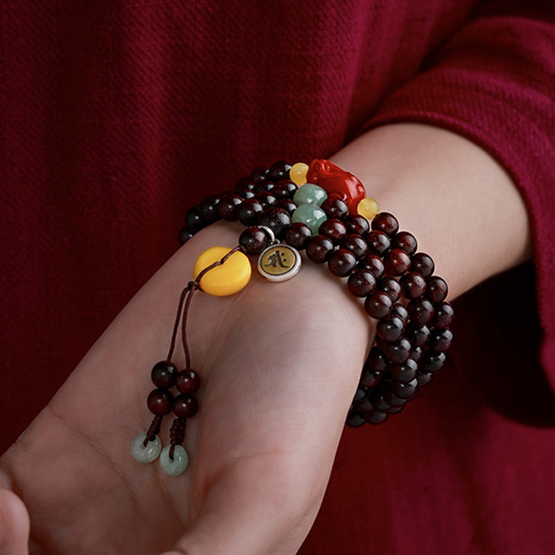 Buddha Stones Chinese Zodiac Natal Buddha 108 Mala Beads Small Leaf Red Sandalwood Red Agate PiXiu Protection Bracelet