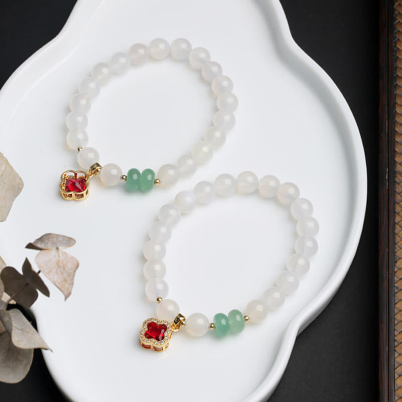 Buddha Stones Natural White Agate Red Agate Money Bag Fu Character Four Leaf Clover Protection Bracelet