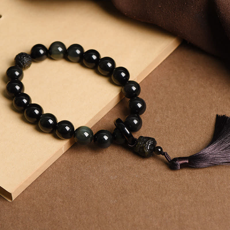 Buddha Stones Natural Black Obsidian Lion Wrist Mala Protection Tassels Pocket Mala Car Decoration