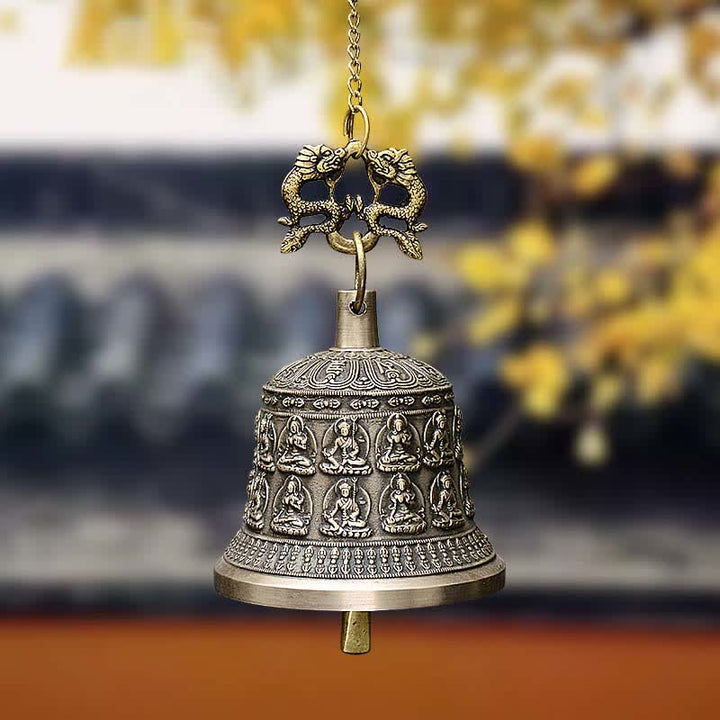 Tibetan Engraved Buddha Dragon Wind Chime Bell Copper Luck Wall Hanging Decoration