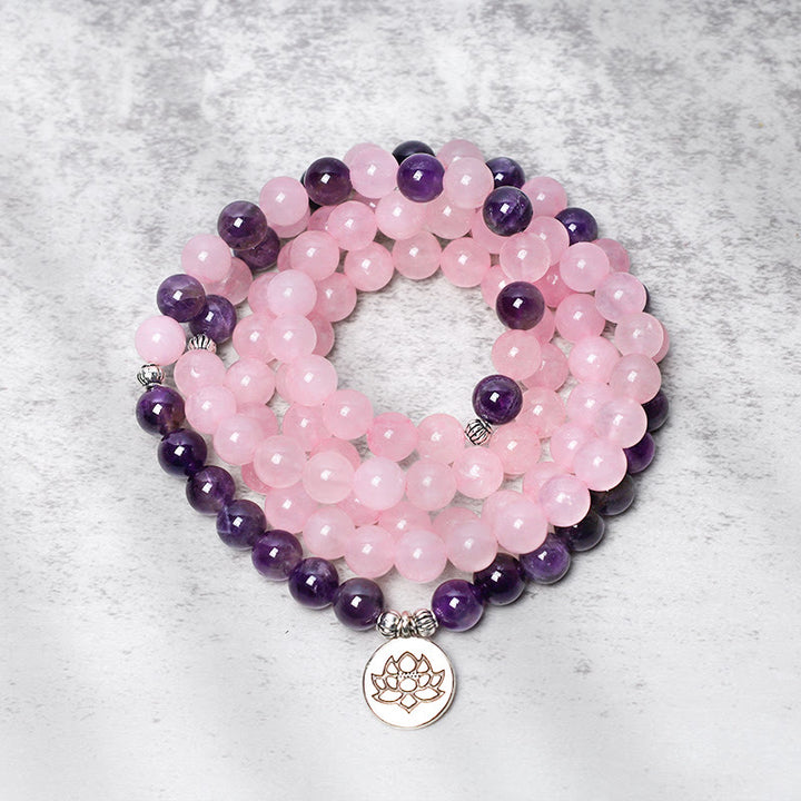 Buddha Stones Natural Rose Quartz & Amethyst Mala Bead Lotus Pendant Bracelet