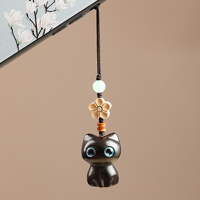 Buddha Stones Mini Small Leaf Red Sandalwood Ebony Wood Lucky Cat Lovely Kitty Peace Key Chain Phone Hanging Decoration