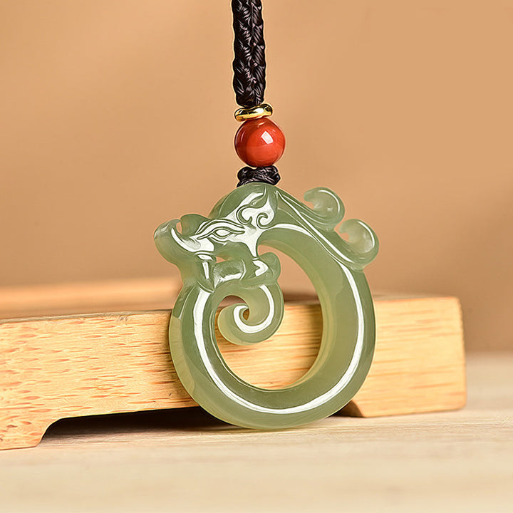 Buddha Stones White Jade Cyan Jade Dragon Protection Necklace String Pendant