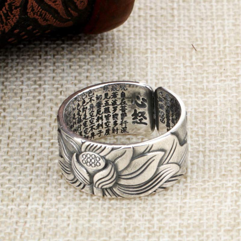 Buddha Stones 999 Sterling Silver Lotus Symbol Heart Sutra Protection Ring