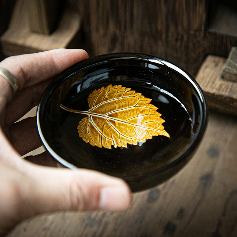 Buddha Stones Gold Maple Leaf Chinese Jianzhan Ceramic Teacup Tenmoku Kung Fu Tea Cup Bowl