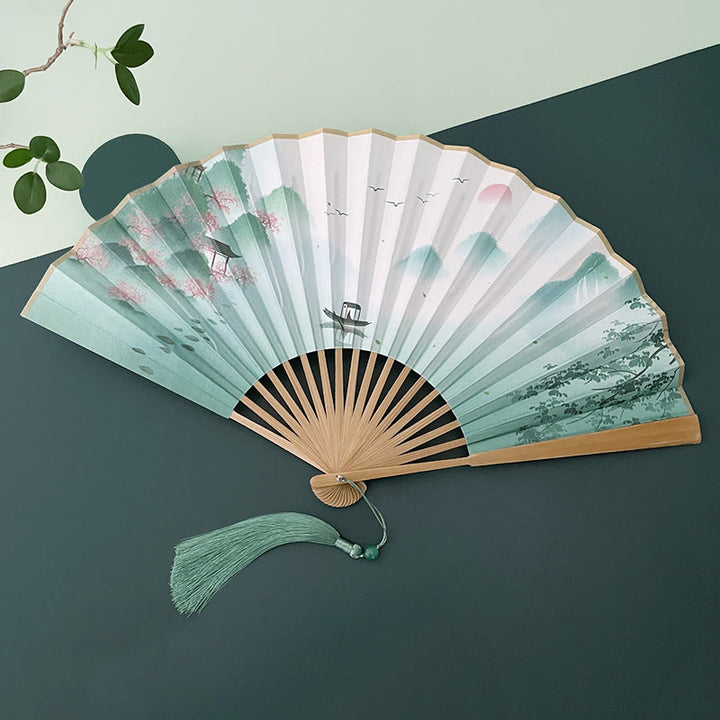 Buddha Stones Retro Lotus Flower Leaf Mountain Lake Handheld Folding Fan With Bamboo Frames