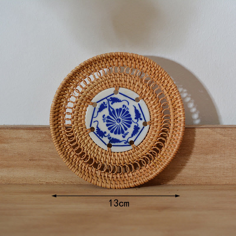 Ceramic Flower Pattern Rattan Cup Mat Tea Cup Coaster