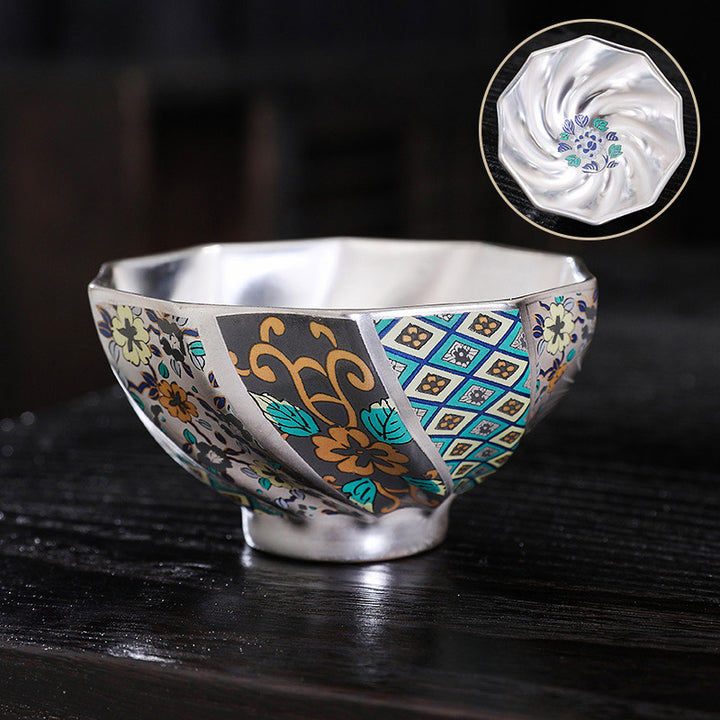 Buddha Stones 999 Sterling Silver Gilding Chrysanthemum Flowers Ceramic Teacup Kung Fu Tea Cup