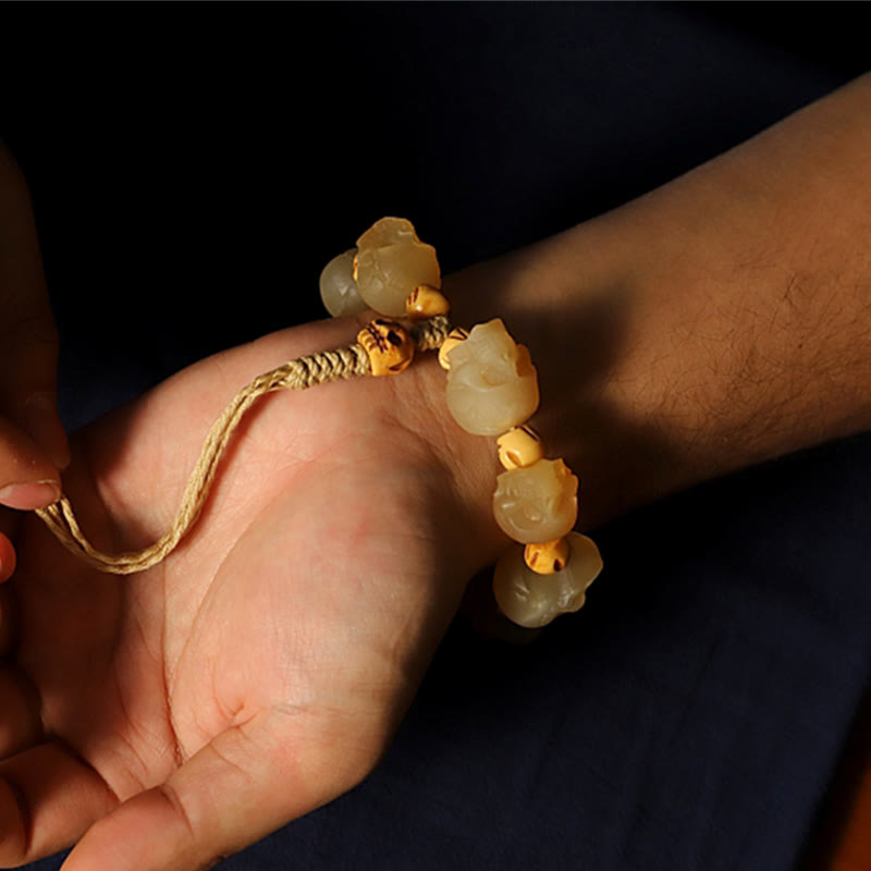 Buddha Stones Handmade Tibetan Sheep Horn Skull The Lord of the Corpse Forest Yak Bone Engraved Luck Bracelet