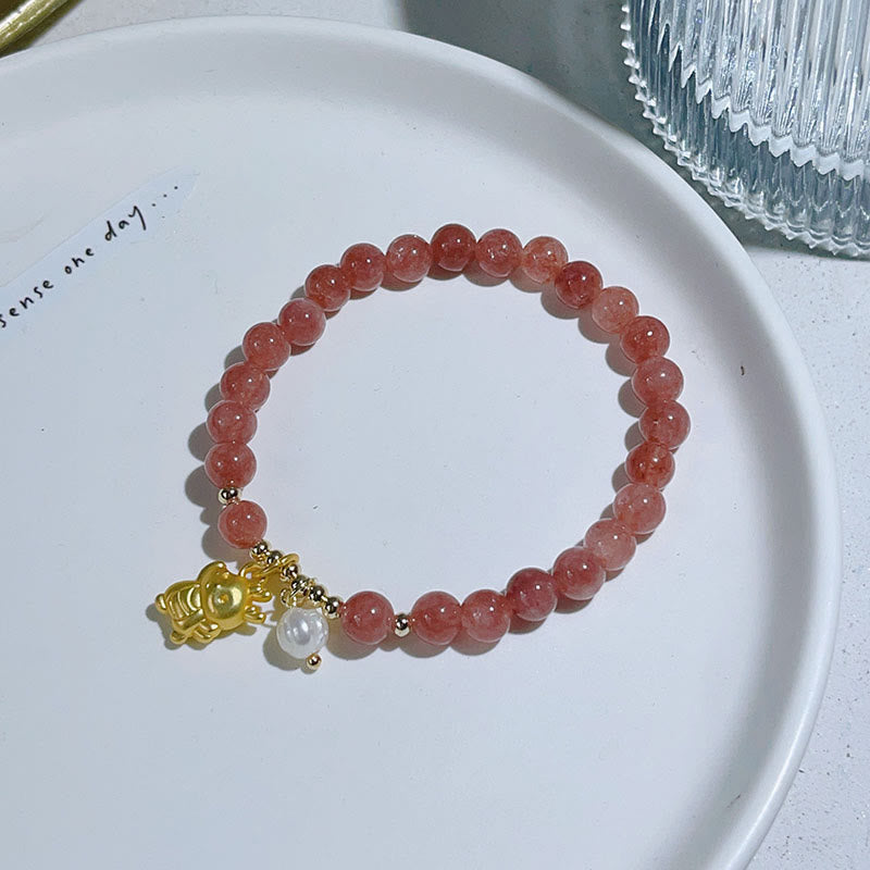 Buddha Stones Year of the Dragon Strawberry Quartz Dragon Pearl Charm Protection Bracelet