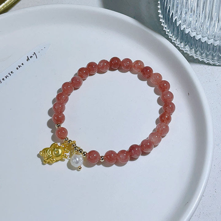 Buddha Stones Year of the Dragon Strawberry Quartz Dragon Pearl Charm Protection Bracelet