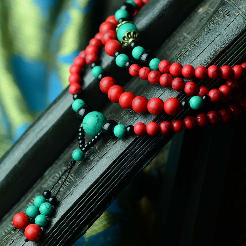 Buddha Stones Turquoise Black Onyx Red Turquoise Bead Protection Bracelet