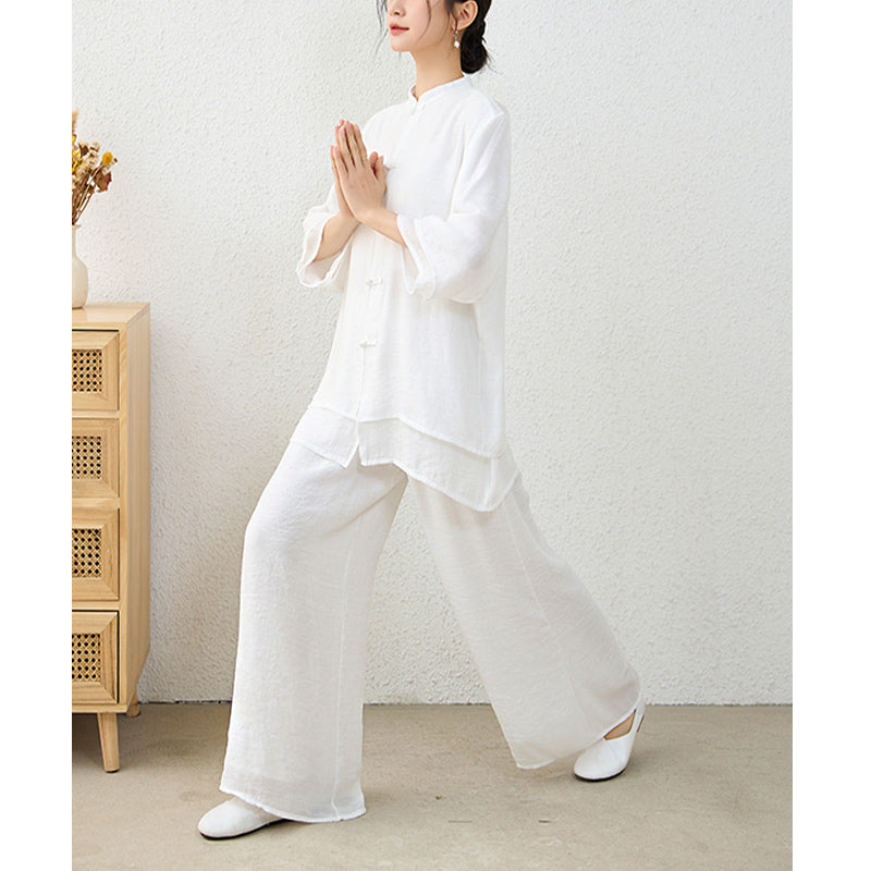 Buddha Stones 2Pcs Simple Chinese Frog Button Design Top Pants Meditation Yoga Zen Tai Chi Cotton Clothing Women's Set