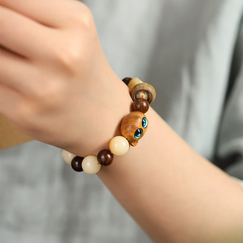 Buddha Stones Natural Bodhi Seed Sandalwood Lucky Cute Cat Head Paw Claw Peace Bracelet