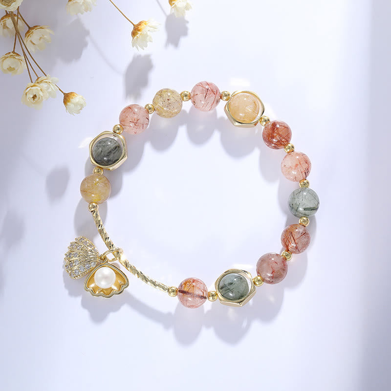 Buddha Stones Natural Colorful Rutilated Quartz Shell Protection Bead Bracelet