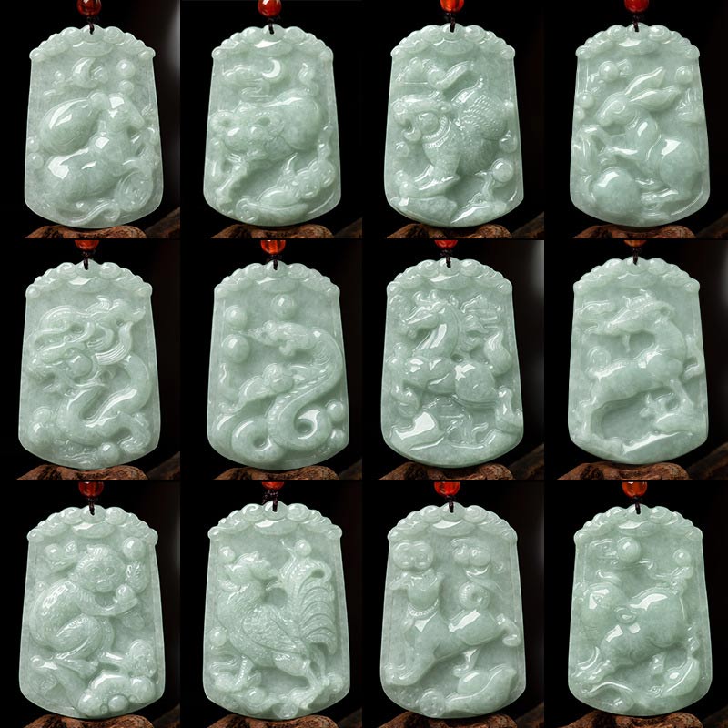 Natural Jade 12 Chinese Zodiac Abundance Amulet Pendant Necklace