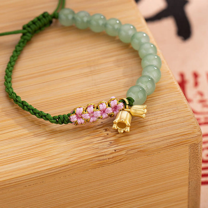 Buddha Stones Handmade Jade Bead Lily of the Valley Charm Luck Braided Bracelet