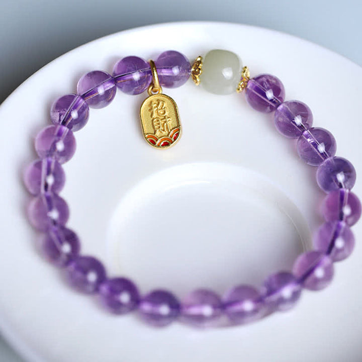 Buddha Stones Natural Amethyst Crystal Hetian Jade Healing Charm Bracelet