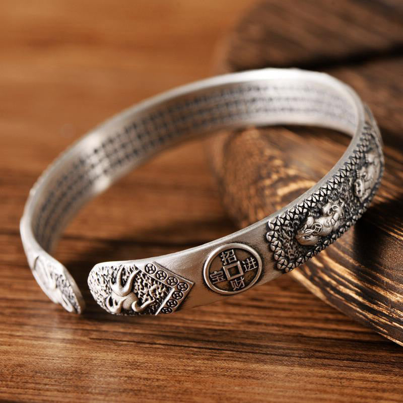 Buddha Stones Tibetan PiXiu Heart Sutra Coin White Copper Wealth Bracelet Adjustable Bangle