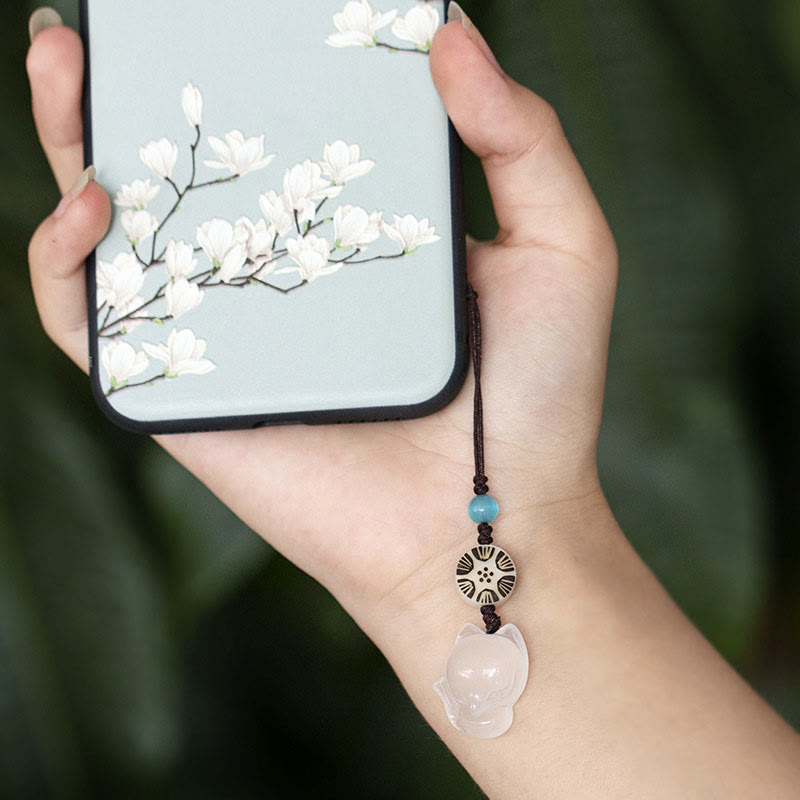 Natural Chalcedony Fox Harmony Phone Hanging Decoration