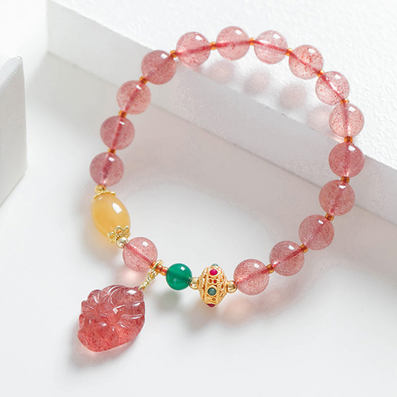 Buddha Stones Natural Strawberry Quartz Nine-Tailed Fox Healing Bracelet