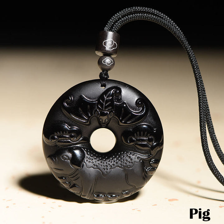 Buddha Stones Chinese Zodiac Natural Black Obsidian Peace Buckle Strength Necklace Pendant