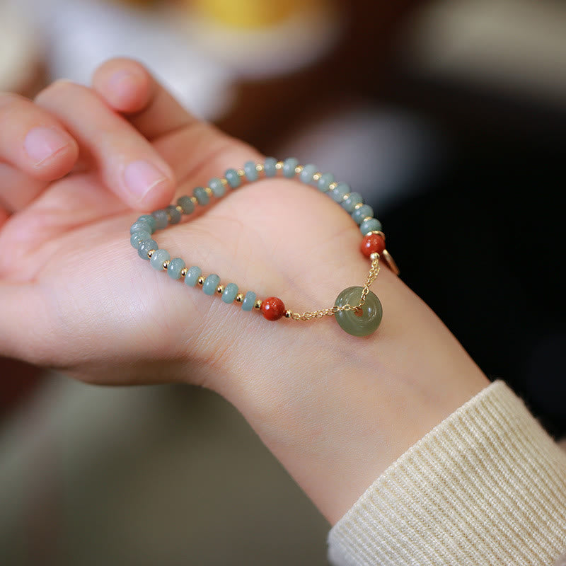 Buddha Stones Natural Hetian Jade Red Agate Peace Buckle Lucky Fortune Bracelet