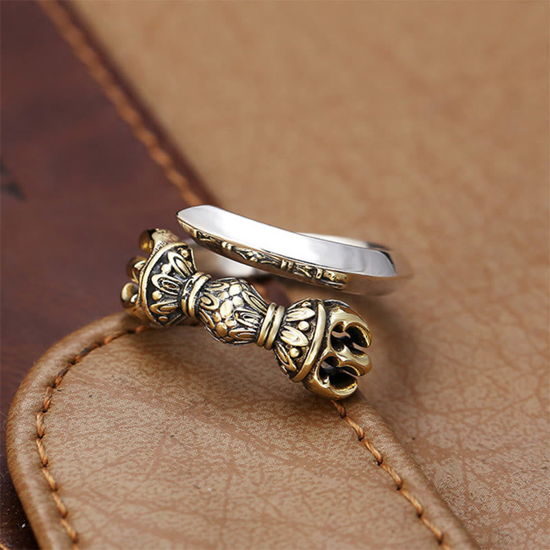 Buddha Stones Tibetan Dorje Vajra Engraved Design Copper Luck Wealth Adjustable Ring