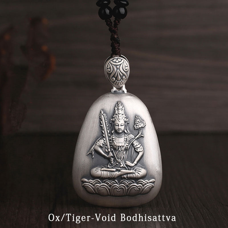 Buddha Stones 999 Sterling Silver Chinese Zodiac Natal Buddha Heart Sutra Engraved Protection Necklace Pendant