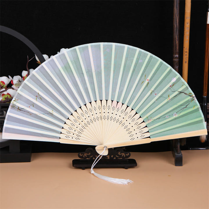 Buddha Stones Classic Birds Singing Flowers Handheld Bamboo Folding Fan