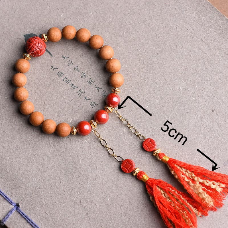 Buddha Stones Tibetan Natural Peach Wood Cinnabar PiXiu Wealth Tassels Bracelet