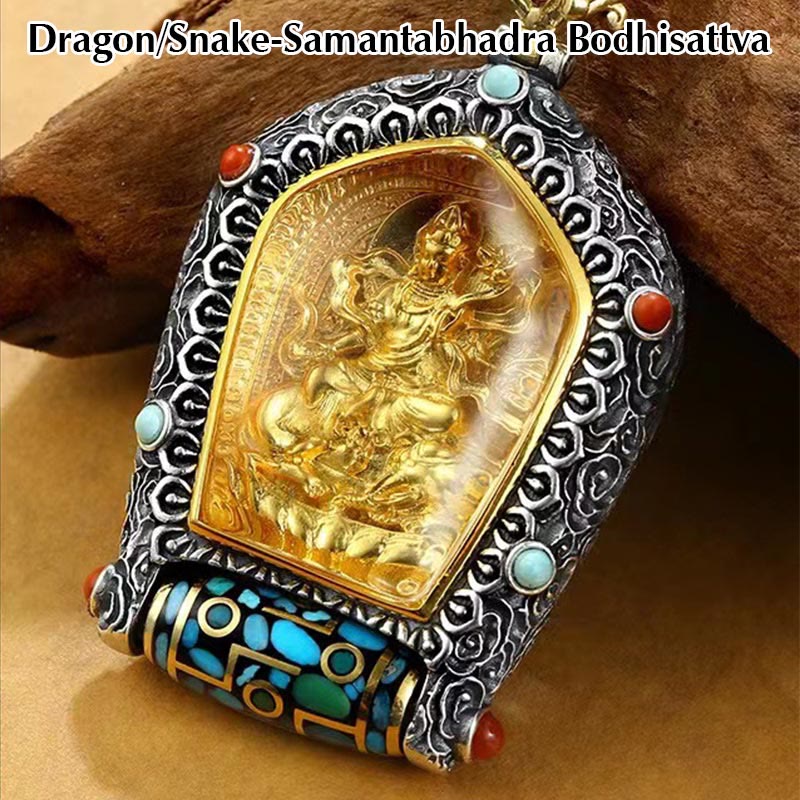 Tibet Chinese Zodiac Natal Buddha Thangka Prosperity Rotatable Dzi Bead Necklace Pendant